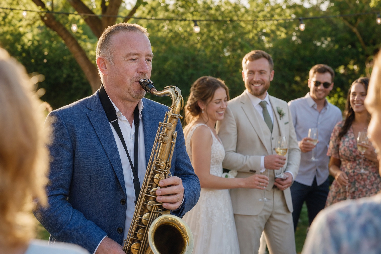 Tim Fulker playing saxophone outdoors at a wedding at golden hour, bride and groom looking on
